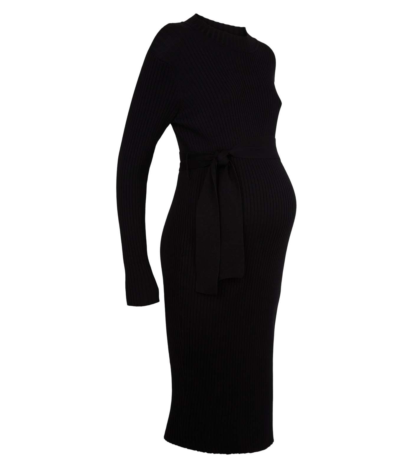 Maternity Black Ribbed Tie Waist Dress Image 4