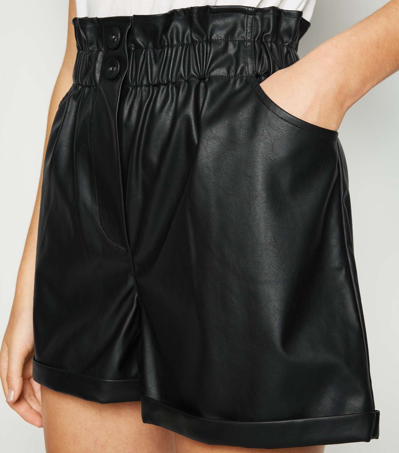 Black Leather-Look Button High Waist Shorts Image 5