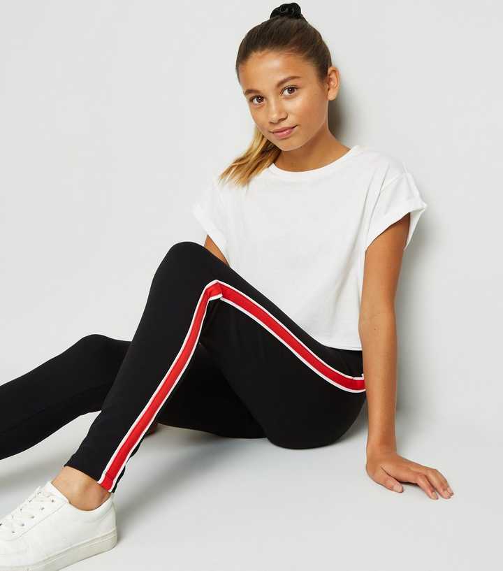 Leggings, White & Red Side-Stripe Leggings