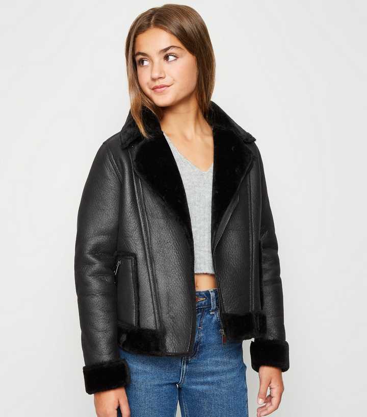 Miss Selfridge Petite Faux Fur Aviator Oversized Coat in Black