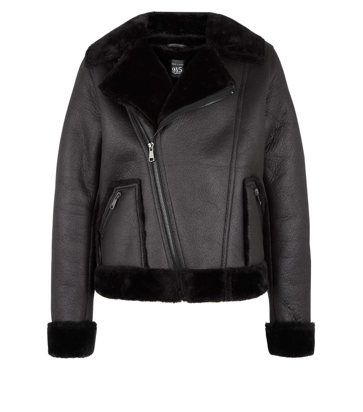 Girls Black Coated Leather-Look Aviator Jacket Image 4