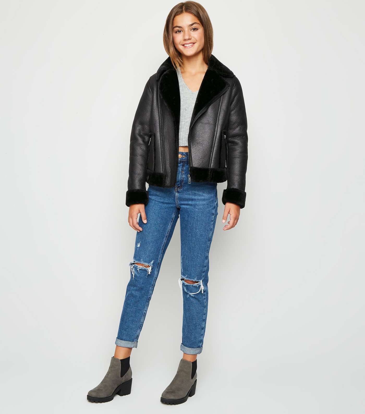 Girls Black Coated Leather-Look Aviator Jacket Image 2
