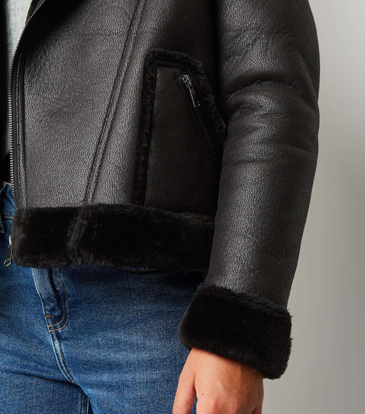 Girls Black Coated Leather-Look Aviator Jacket Image 6