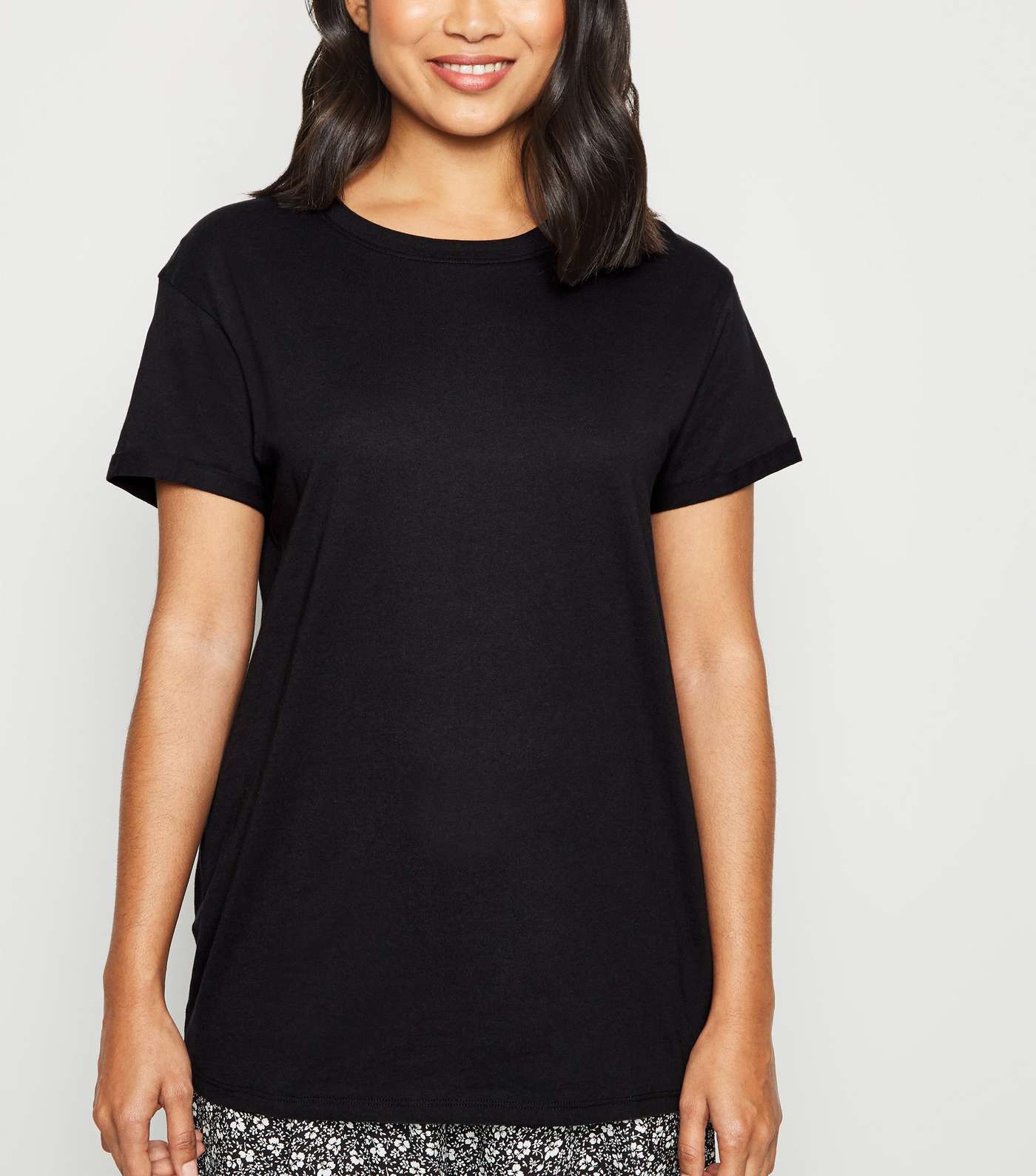 Petite Black Organic Cotton Roll Sleeve T-Shirt