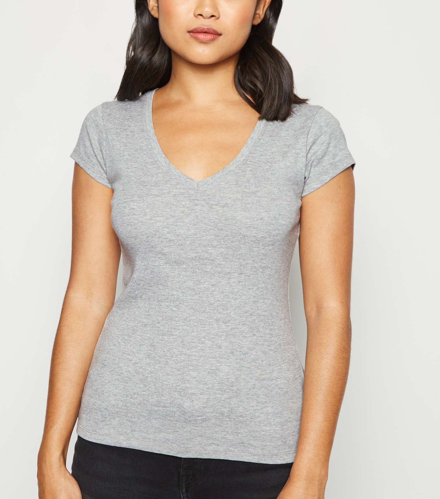 Petite Grey Organic Cotton Blend V Neck T-Shirt