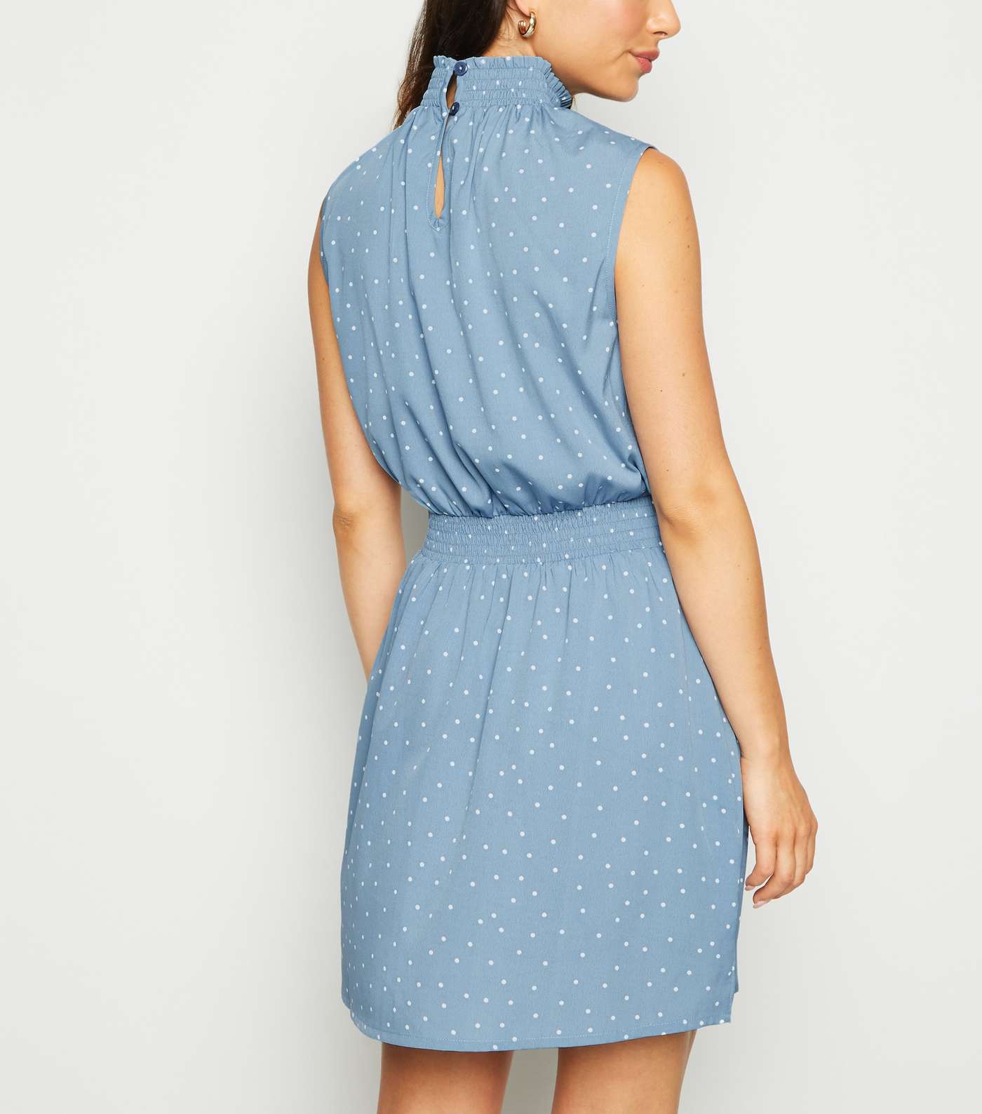 Petite Blue Spot Shirred Neck Dress Image 3