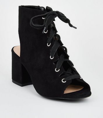Girls Black Suedette Lace Up Peep Toes 