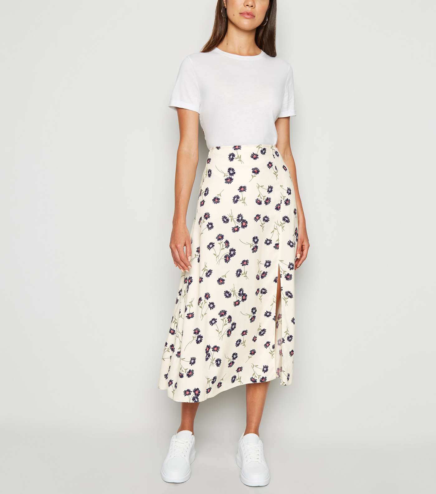 Cream Daisy Floral Side Split Midi Skirt 