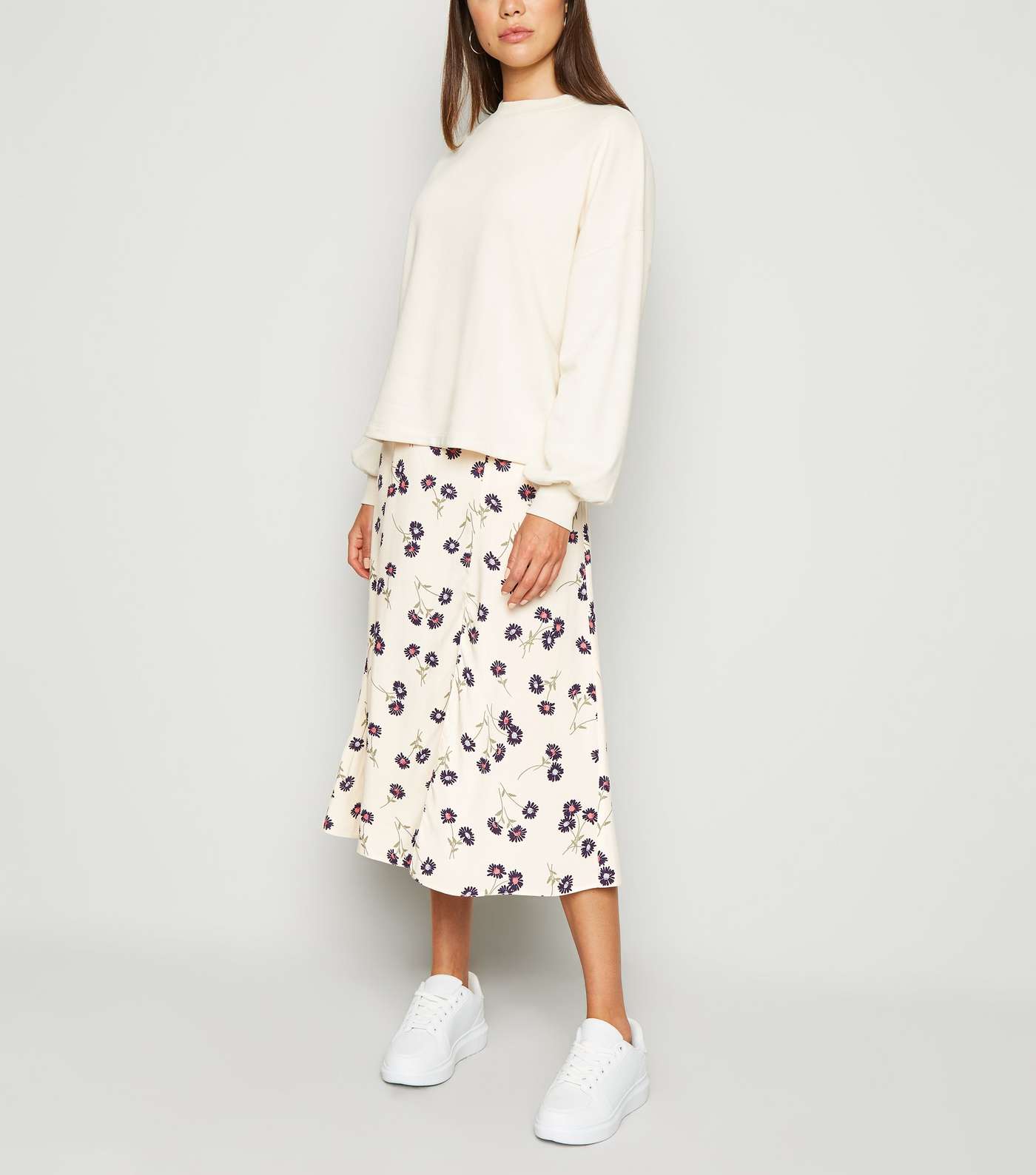 Cream Daisy Floral Side Split Midi Skirt  Image 5