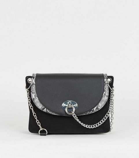 Black Faux Snake Panel Shoulder Bag