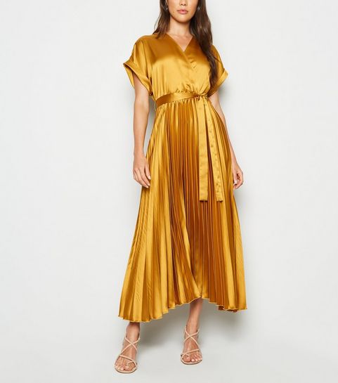 Mustard Satin Pleated Midi Dress