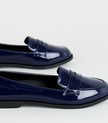 Girls Navy Patent Penny Loafers | New Look