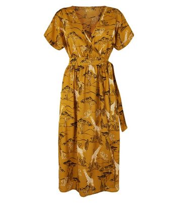 mustard midi wrap dress