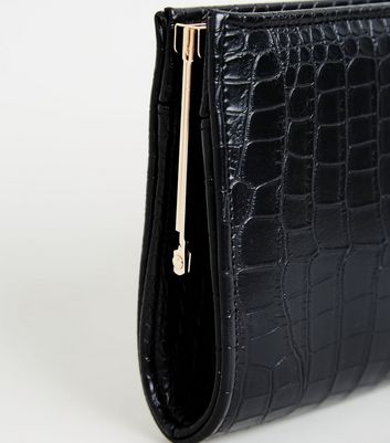 Black Faux Croc Clutch Bag | New Look