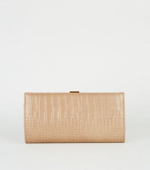 Camel Faux Croc Clutch Bag