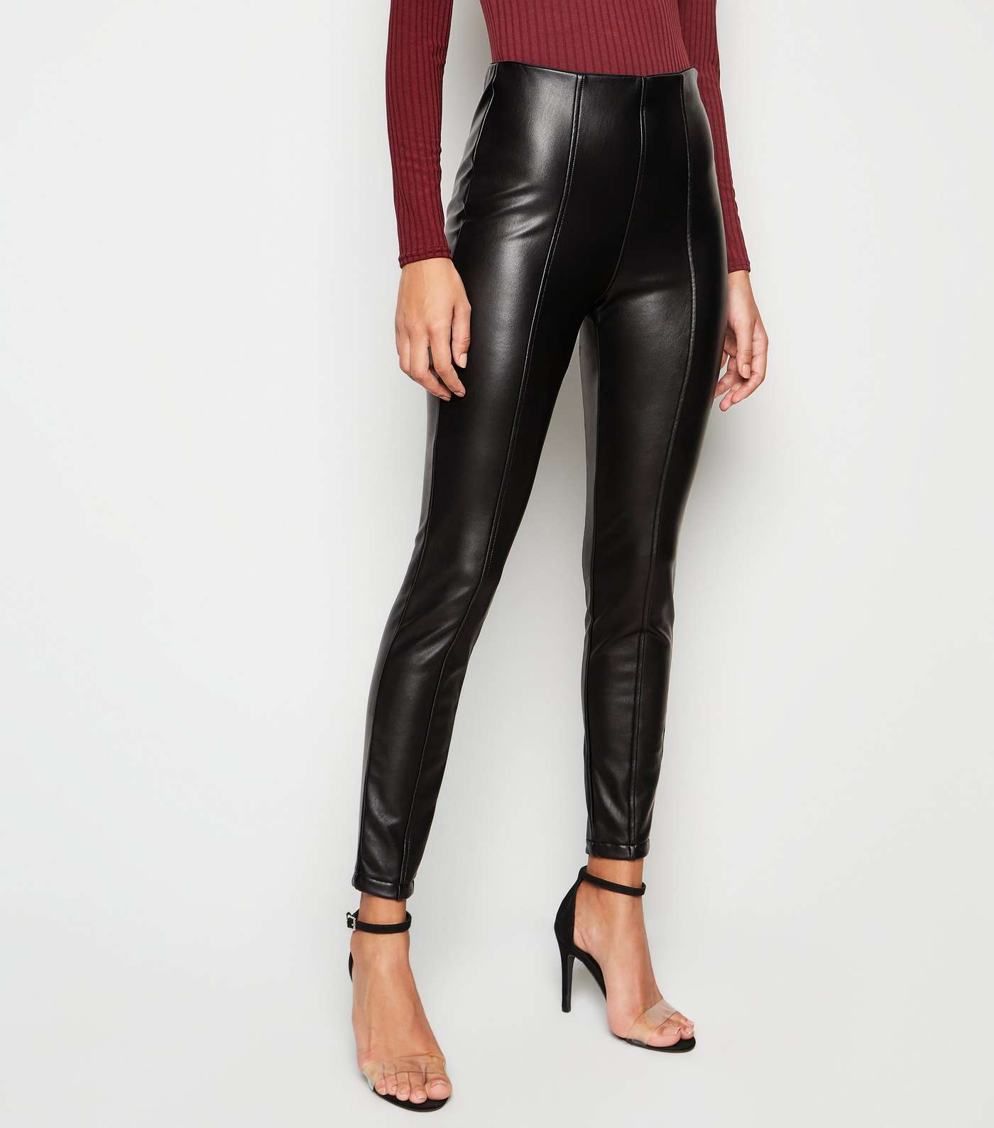 Black Coated Leather-Look Zip Leggings Image 2