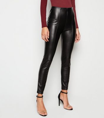 Black Coated Leather-Look Zip Leggings 