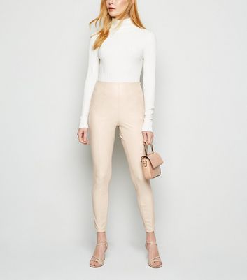 Cream Coated Leather-Look Leggings 