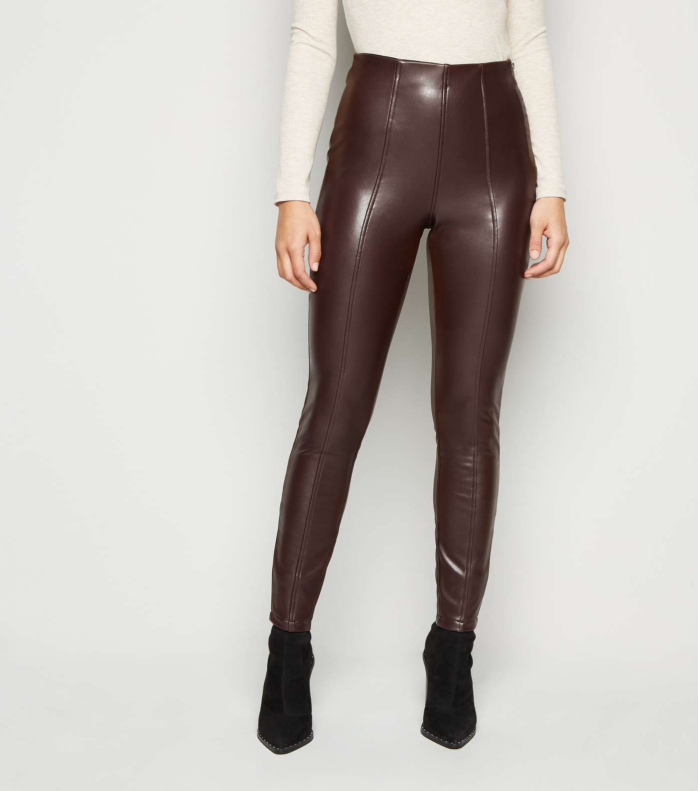 Brown Coated Leather-Look Leggings Image 2
