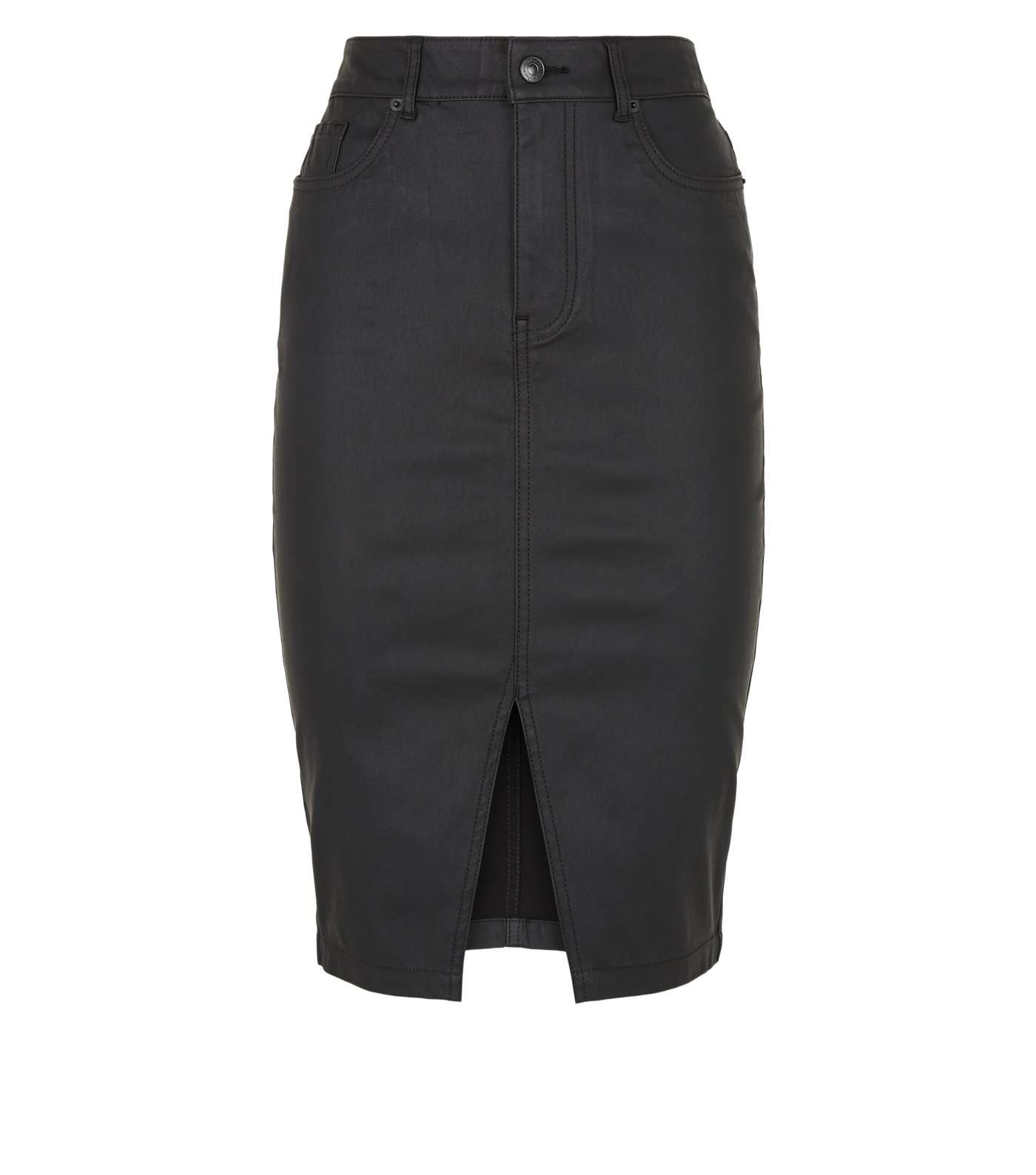 Black Coated Leather-Look Denim Pencil Skirt Image 4