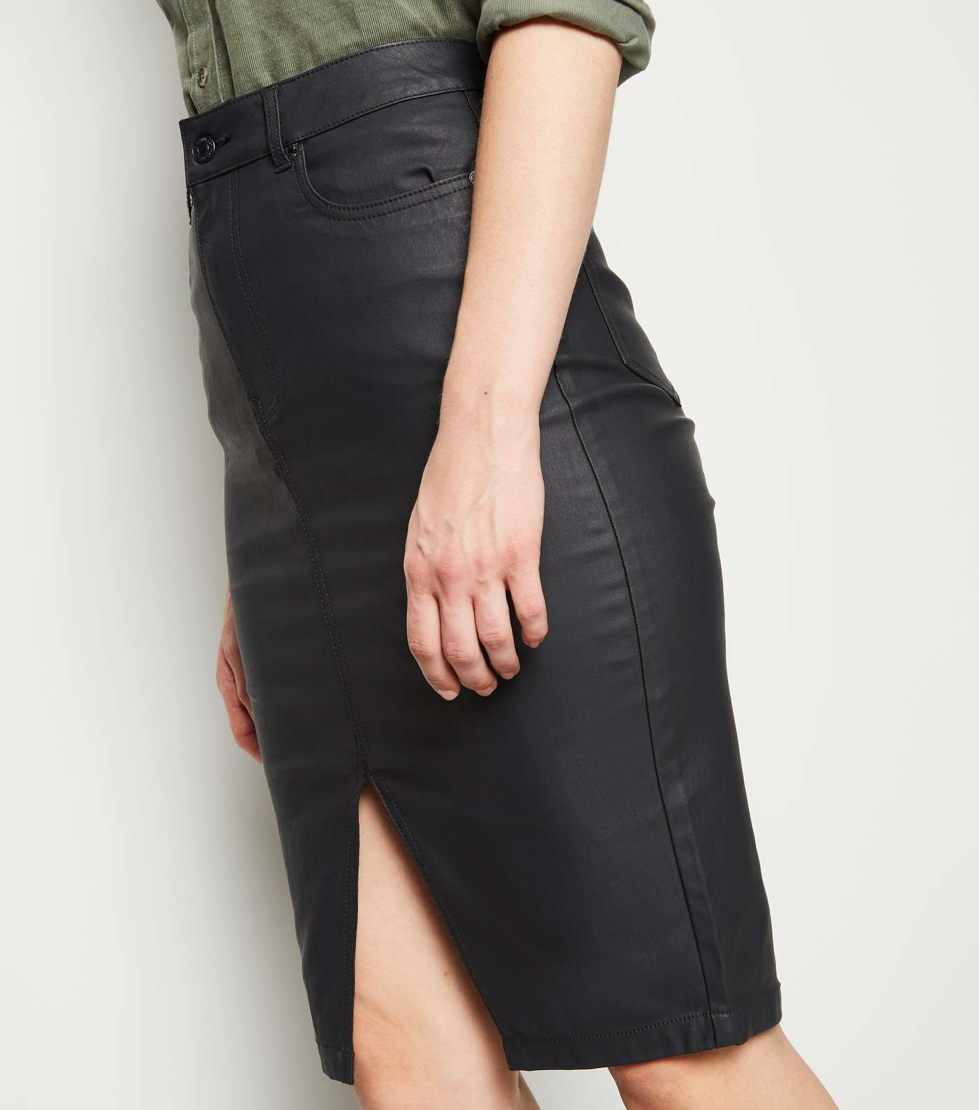 Black Coated Leather-Look Denim Pencil Skirt Image 2