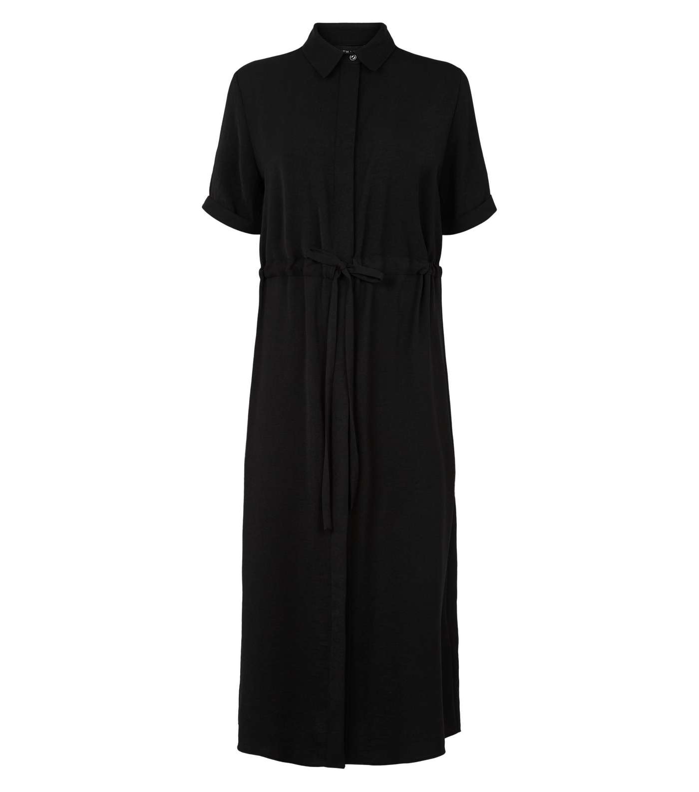 Black Drawstring Waist Midi Shirt Dress Image 4