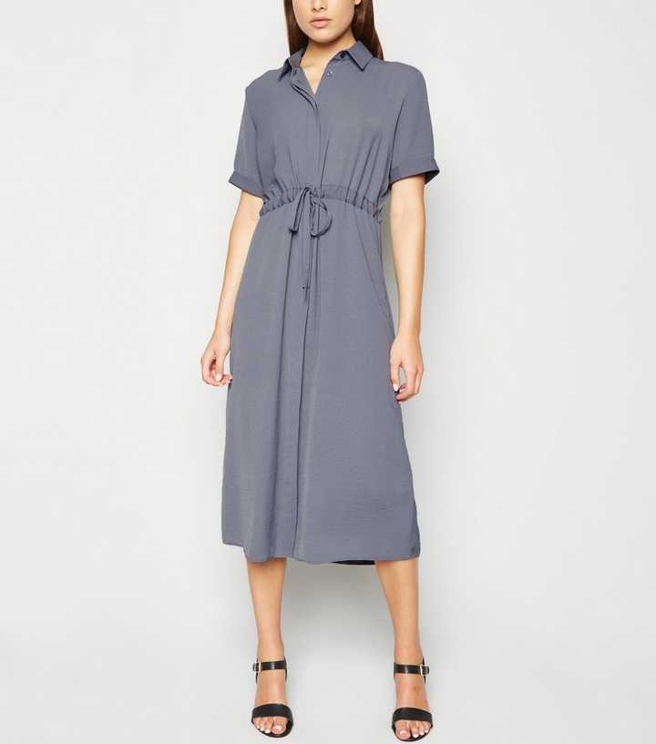 Grey Drawstring Waist Midi Shirt Dress