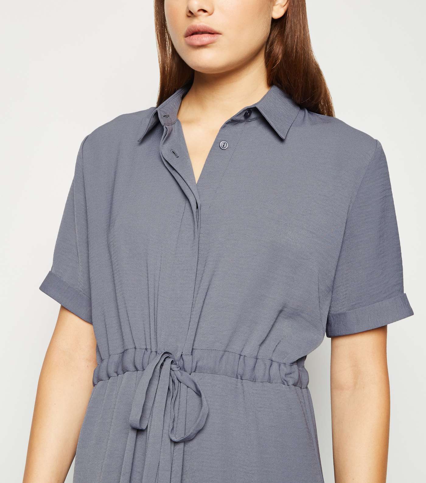Grey Drawstring Waist Midi Shirt Dress Image 2