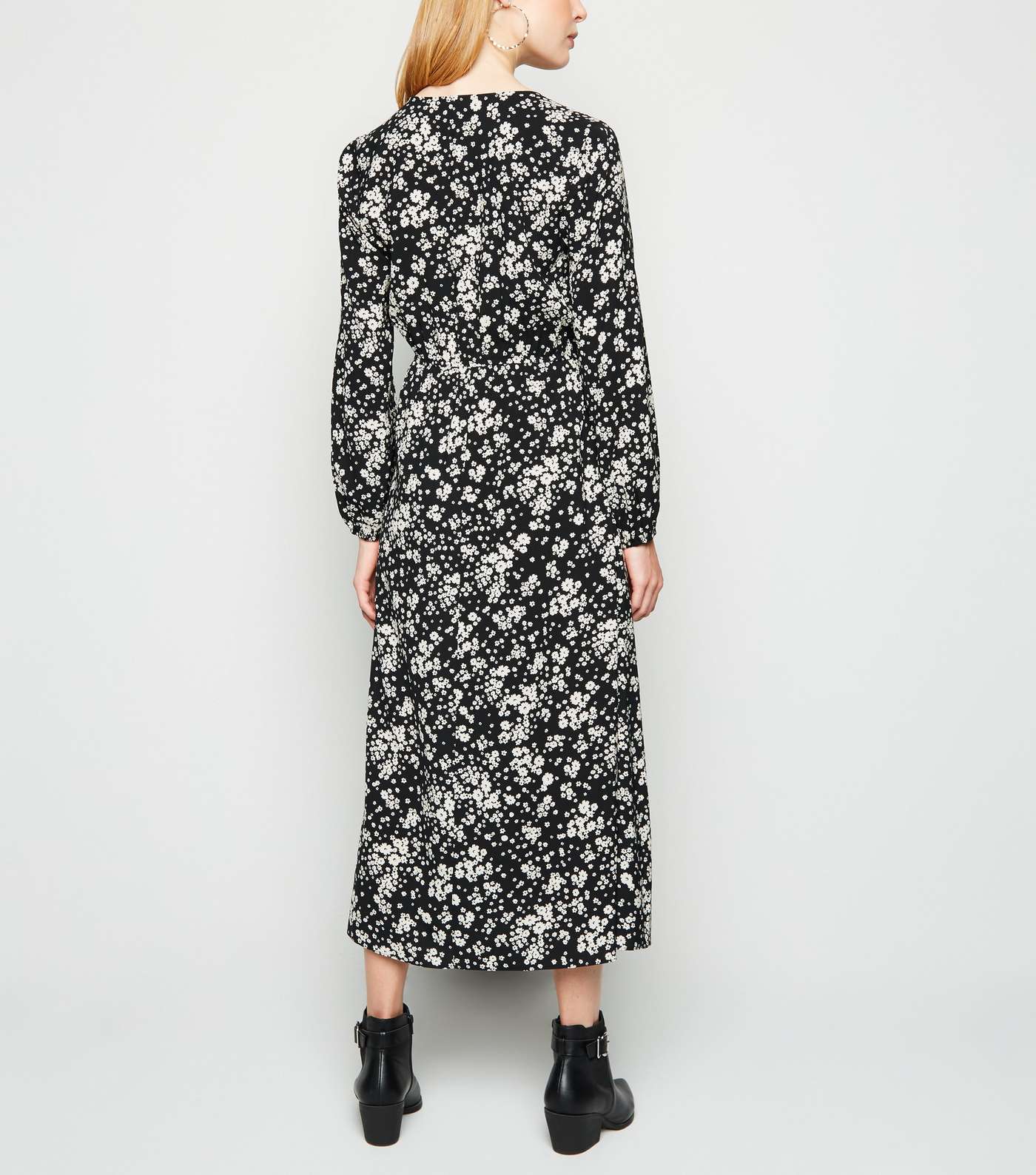 Black Floral Drawstring Long Sleeve Midi Dress Image 3