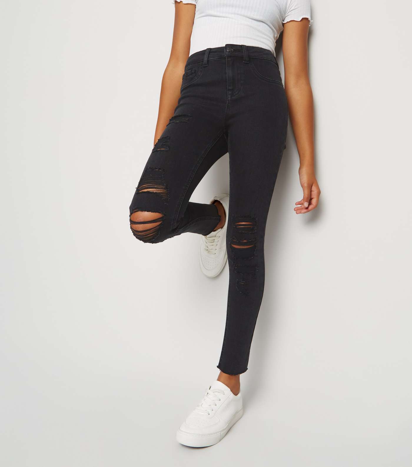 Girls Black Ripped High Waist Skinny Jeans Image 5