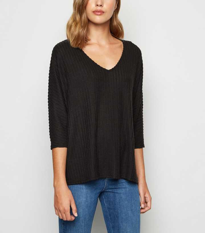 Black Brushed Rib Knit Batwing Jumper
