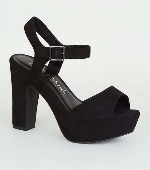 Wide Fit Black Suedette Platform Heeled Sandals