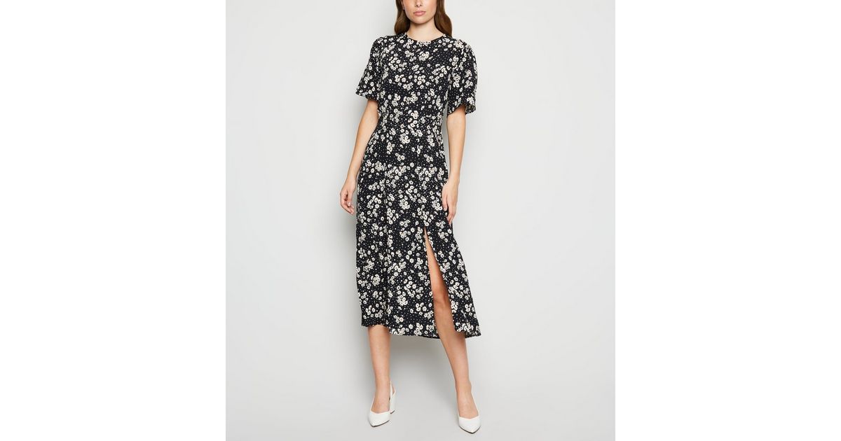 Black Daisy Print Split Midi Dress | New Look