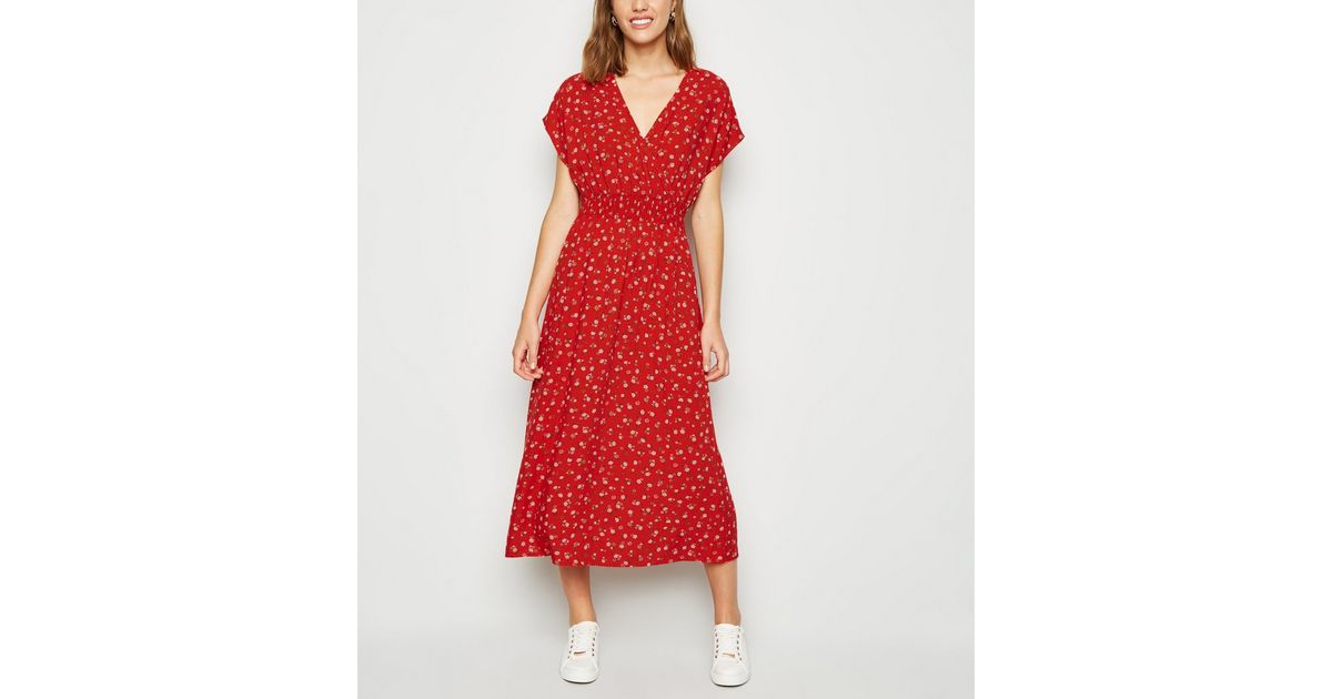 Red Floral Shirred Waist Wrap Midi Dress | New Look