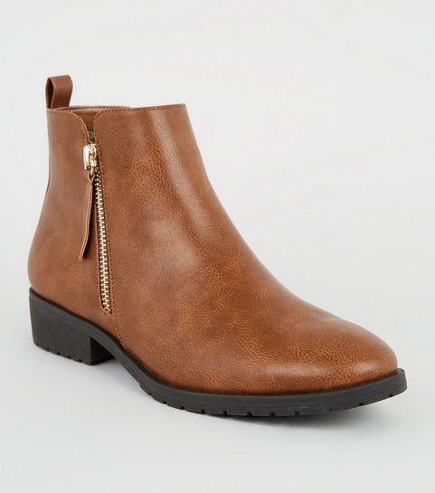 Tan Leather-Look Flat Ankle Boots