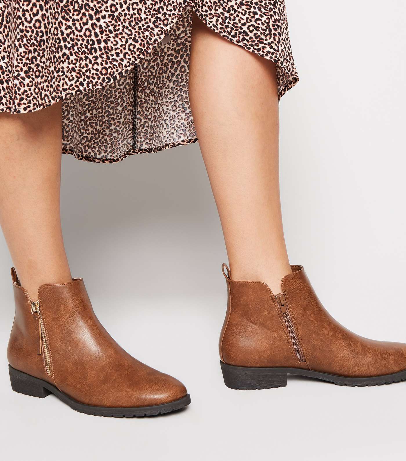Tan Leather-Look Flat Ankle Boots Image 2