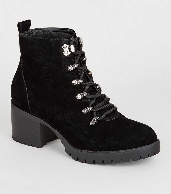 Wide Fit Black Mid Heel Hiker Boots