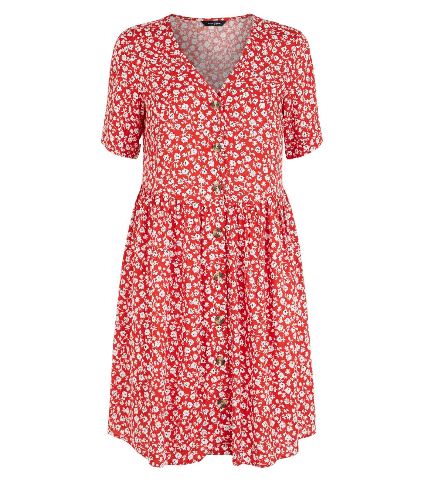 Red Floral Button Mini Smock Dress Image 4