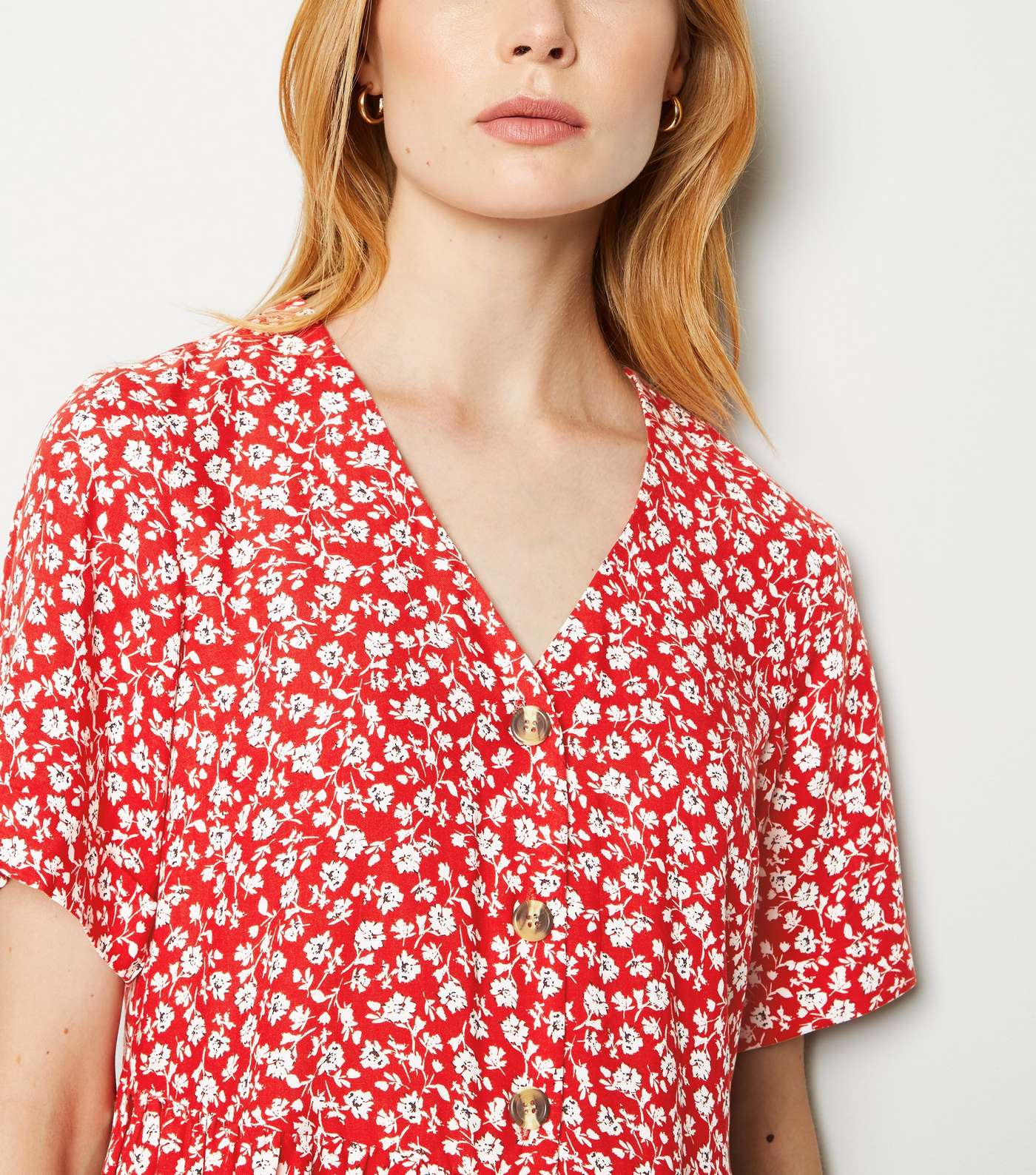 Red Floral Button Mini Smock Dress Image 2