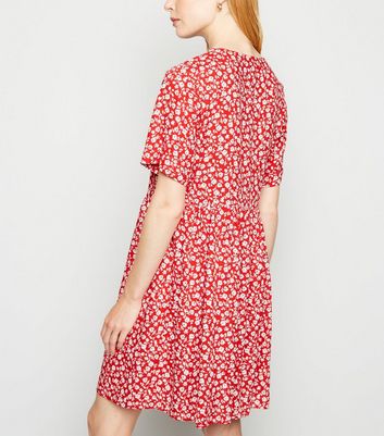 red floral button up dress