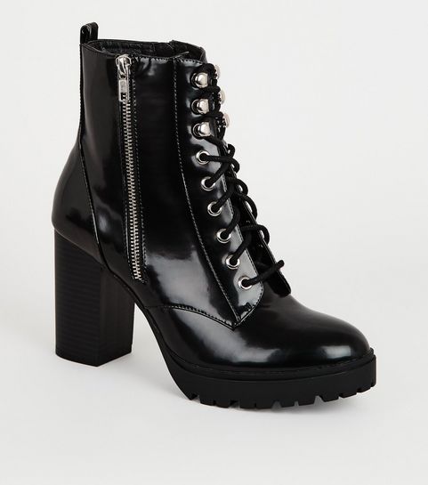 Black Patent Lace Up Chunky Heeled Boots