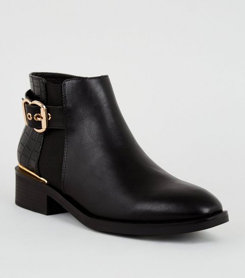 Black Faux Croc Panel Ankle Boots