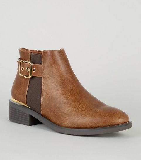 Tan Leather-Look Ankle Boots
