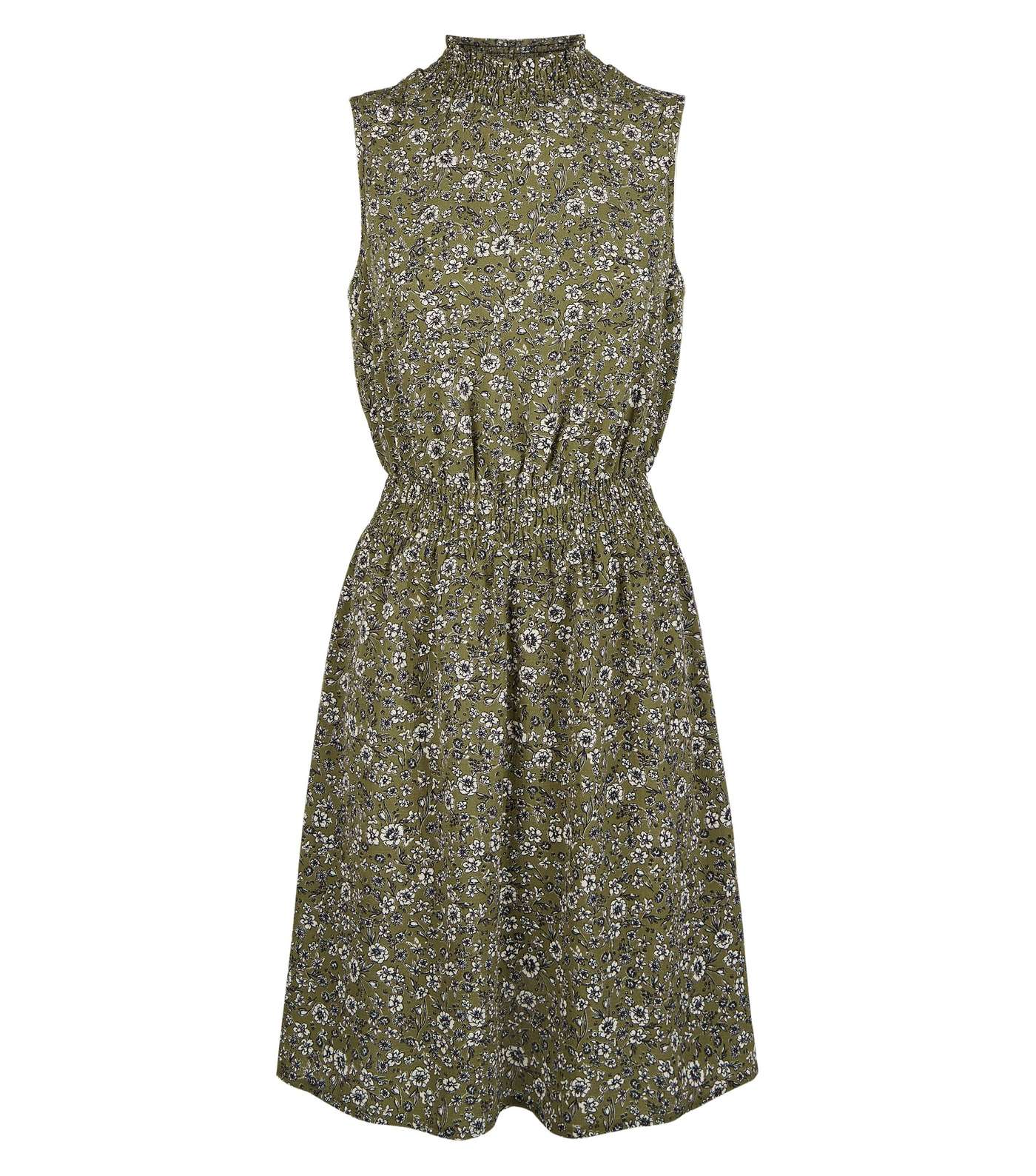 Olive Floral Shirred High Neck Dress Image 4