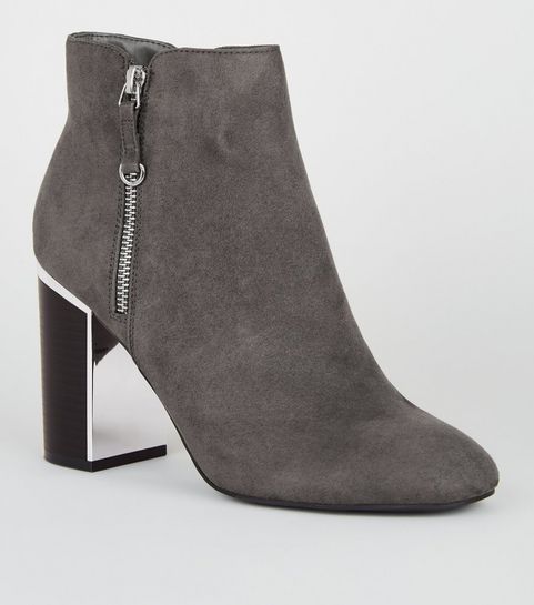 Grey Suedette Metal Block Heel Boots