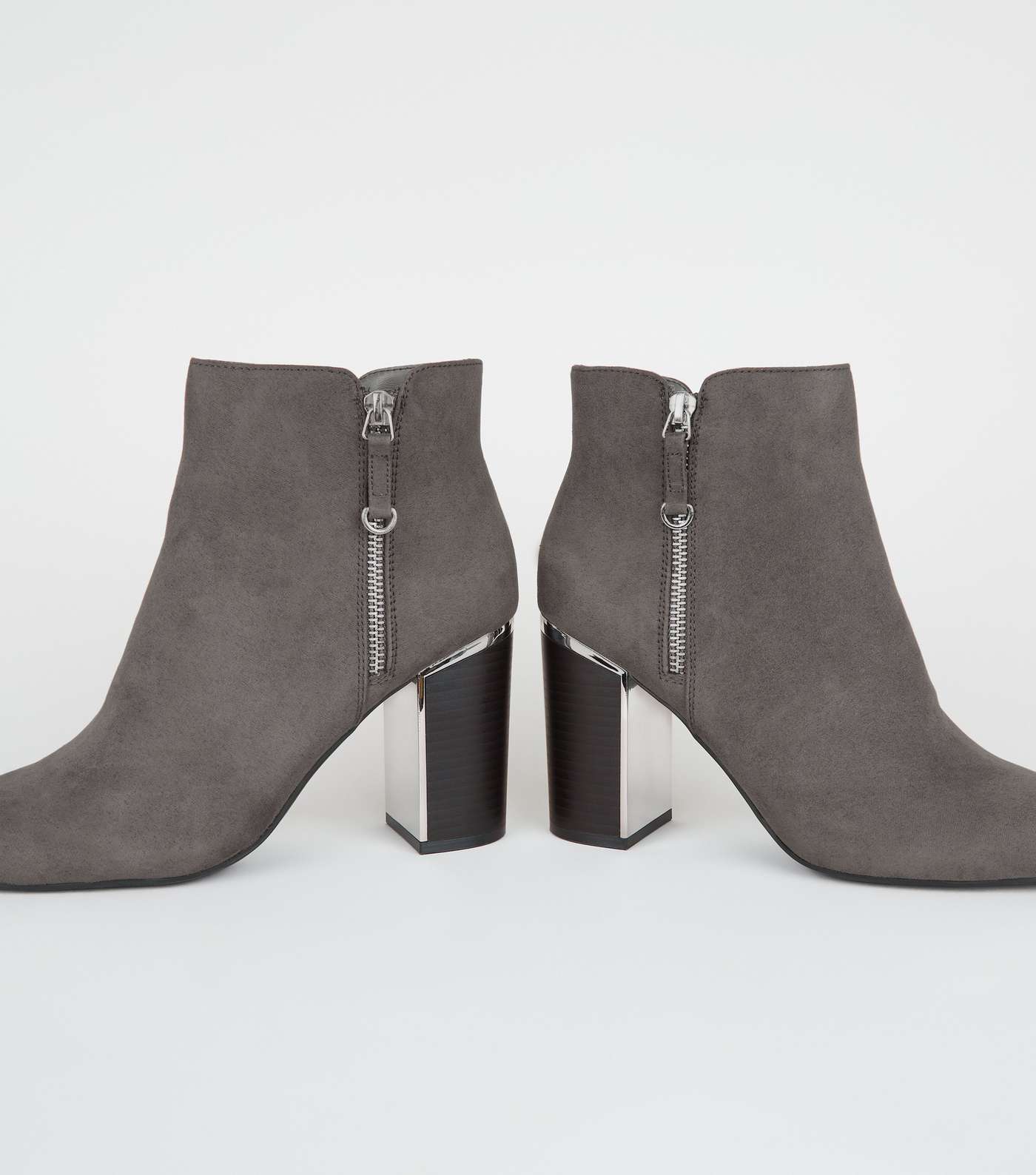 Grey Suedette Metal Block Heel Boots Image 3