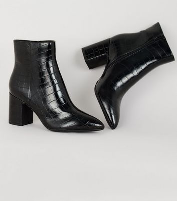 Black Faux Croc Ankle Boots | New Look