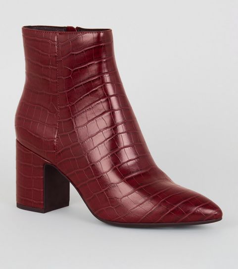 Dark Red Faux Croc Ankle Boots