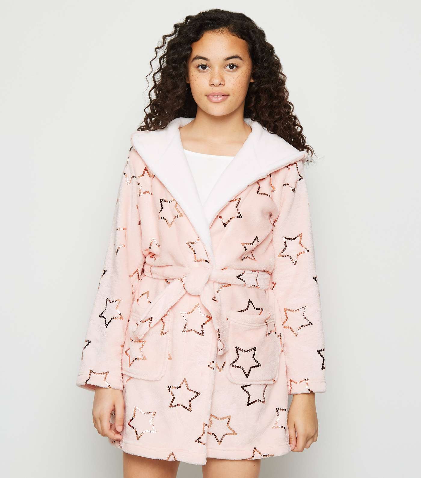 Girls Pink Sequin Star Fluffy Robe