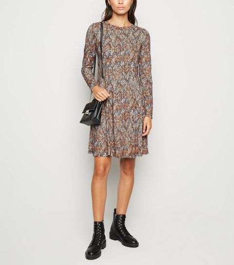 Brown Snake Print Long Sleeve Mini Dress